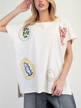 Easel  Embroidered Knit Top – Boho Oversized, Hi-Low Hem, Hand Embellished